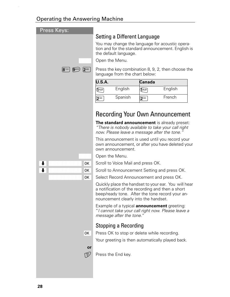 Recording your own announcement, Setting a different language, Stopping a recording | Siemens Gigaset 4015 User Manual | Page 34 / 131