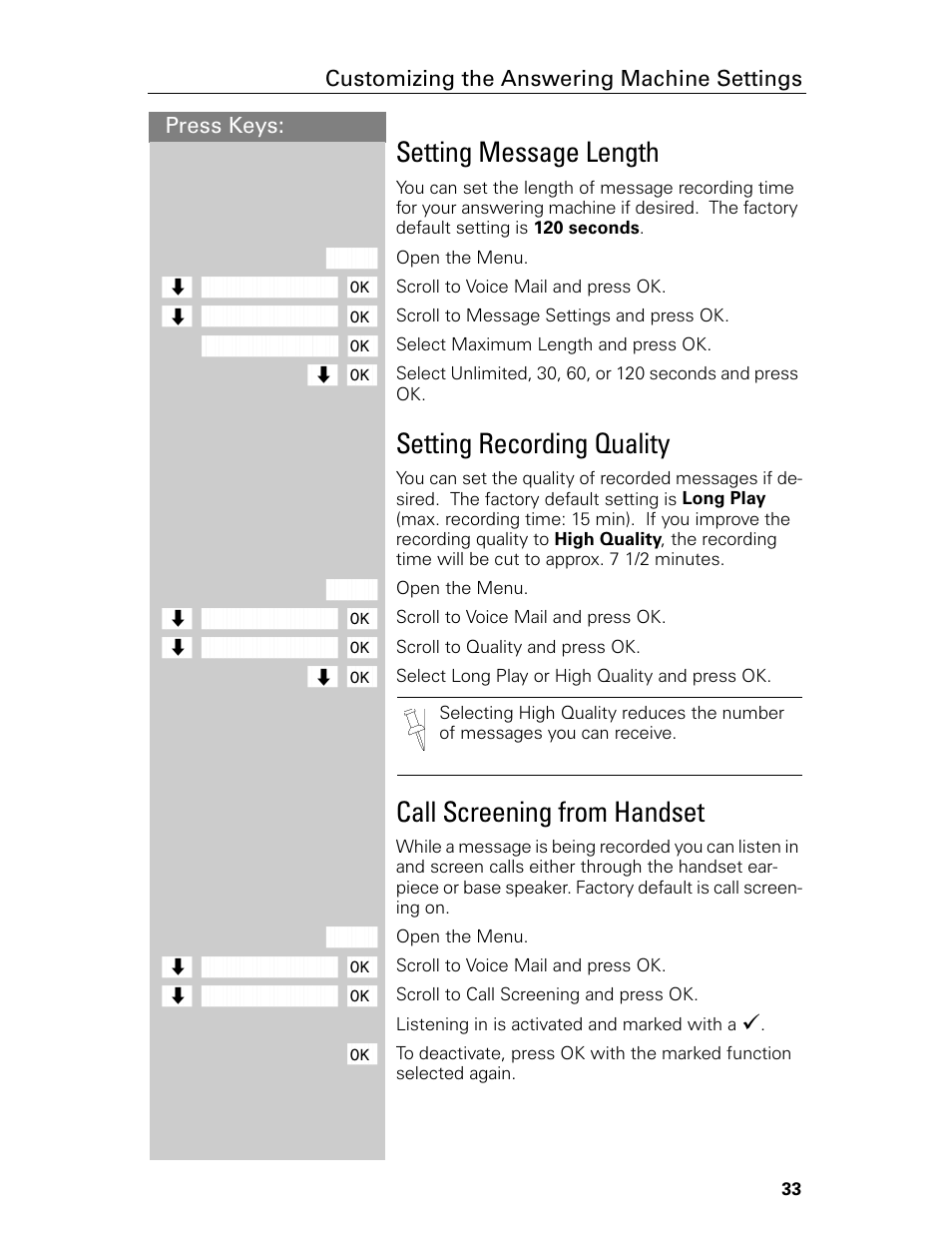 Setting message length, Setting recording quality, Call screening from handset | Siemens Gigaset 4015 User Manual | Page 39 / 131