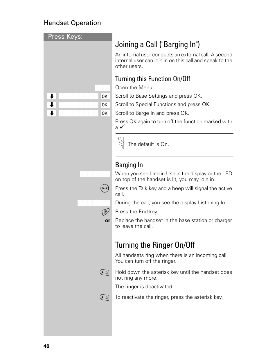 Joining a call ("barging in"), Turning the ringer on/off, Turning this function on/off | Barging in | Siemens Gigaset 4015 User Manual | Page 46 / 131