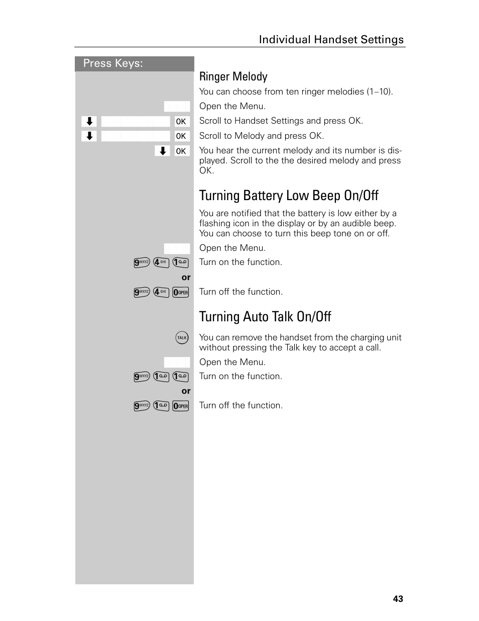 Turning battery low beep on/off, Turning auto talk on/off, Ringer melody | Siemens Gigaset 4015 User Manual | Page 49 / 131