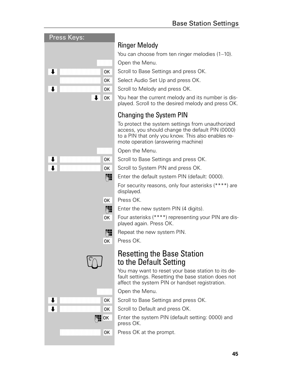 Resetting the base station to the default setting, Ringer melody, Changing the system pin | Siemens Gigaset 4015 User Manual | Page 51 / 131