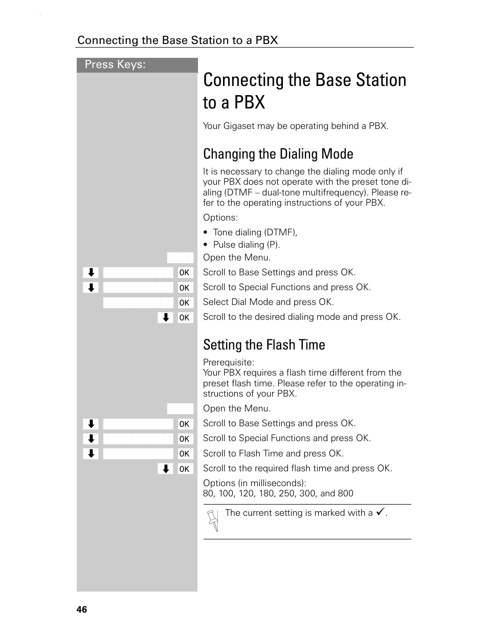 Connecting the base station to a pbx, Changing the dialing mode, Setting the flash time | Siemens Gigaset 4015 User Manual | Page 52 / 131