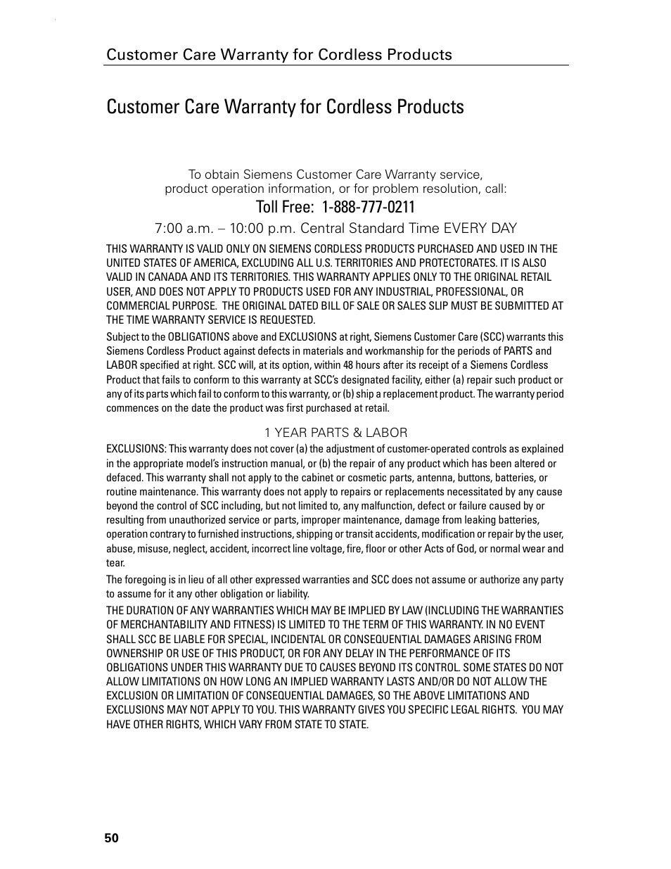 Customer care warranty for cordless products | Siemens Gigaset 4015 User Manual | Page 56 / 131