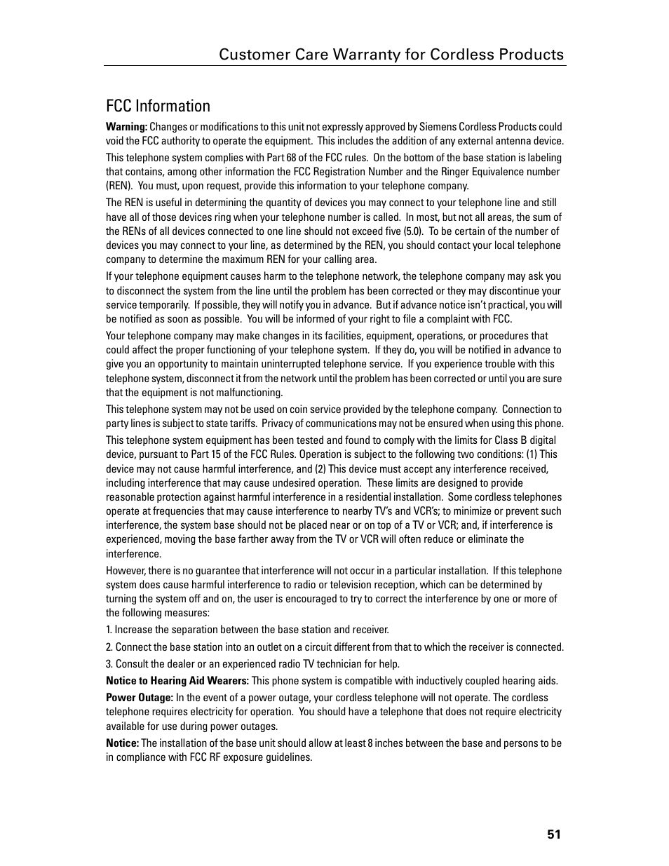 Fcc information, Customer care warranty for cordless products | Siemens Gigaset 4015 User Manual | Page 57 / 131