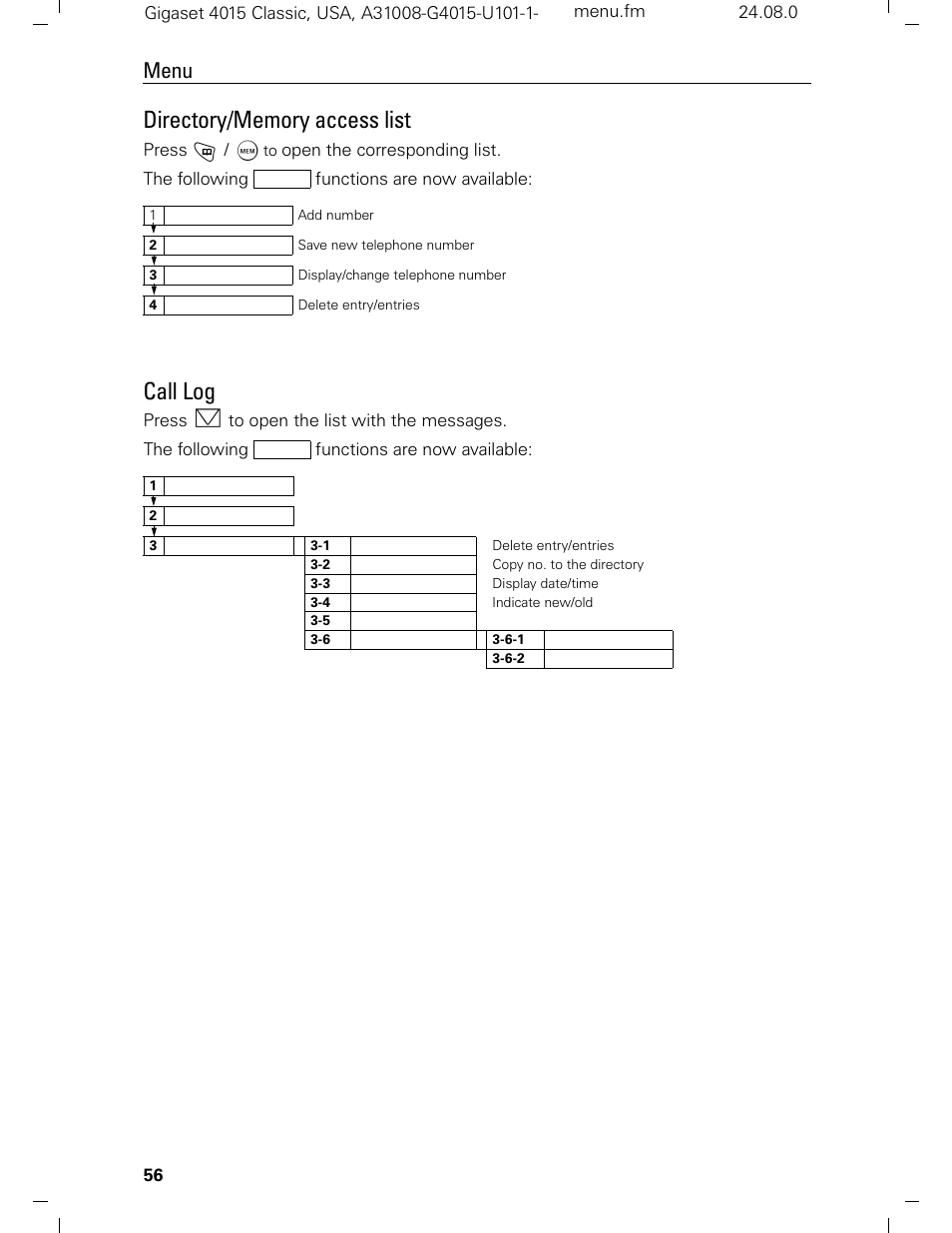 Call log, Menu | Siemens Gigaset 4015 User Manual | Page 62 / 131