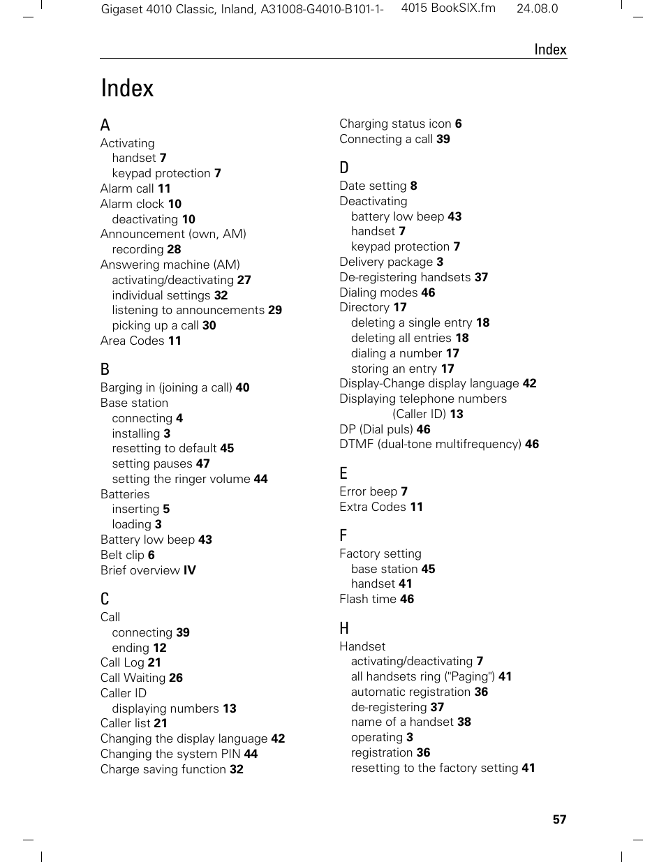 Index | Siemens Gigaset 4015 User Manual | Page 63 / 131