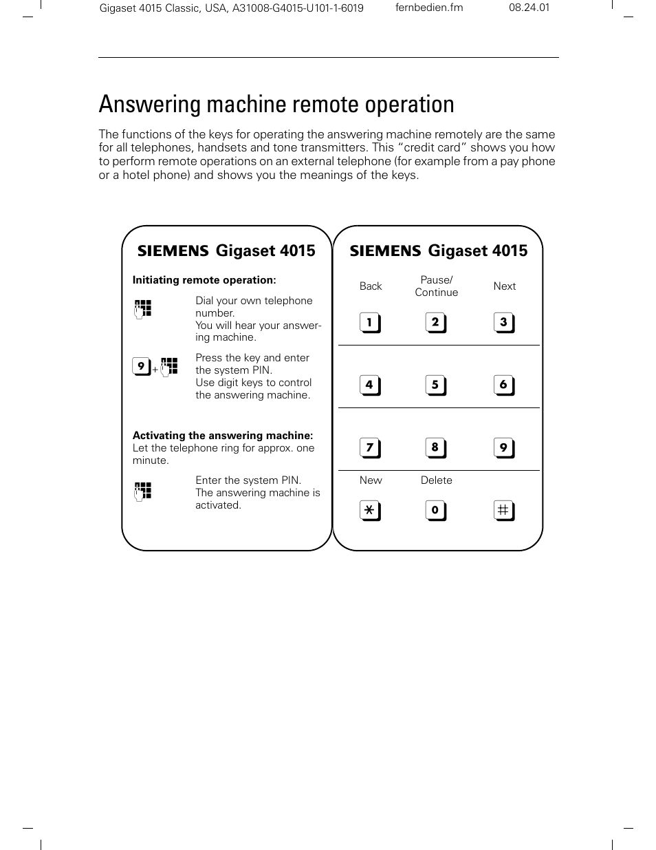 Answering machine remote operation | Siemens Gigaset 4015 User Manual | Page 65 / 131