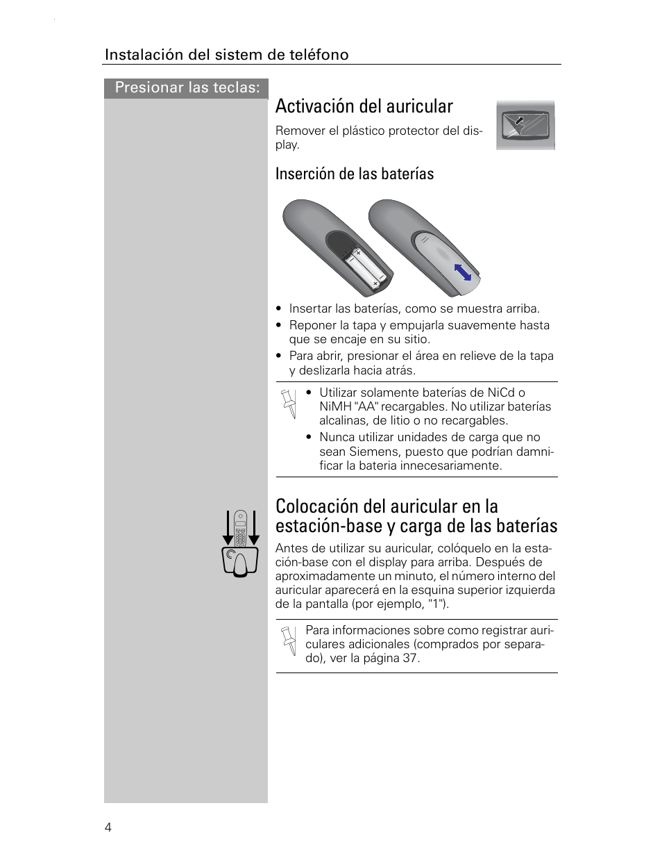 Activación del auricular, Inserción de las baterías | Siemens Gigaset 4015 User Manual | Page 71 / 131