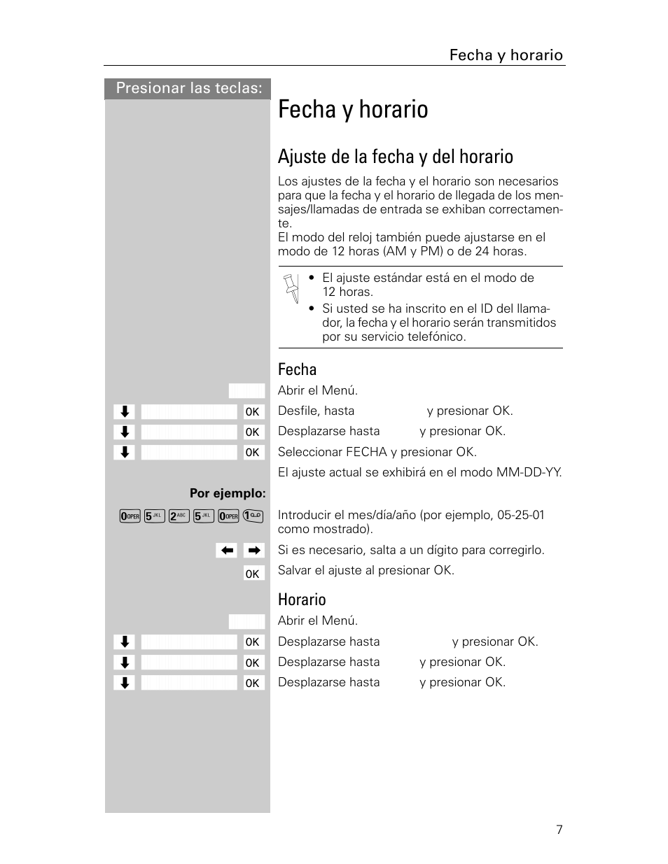 Fecha y horario, Ajuste de la fecha y del horario, Fecha | Horario | Siemens Gigaset 4015 User Manual | Page 74 / 131