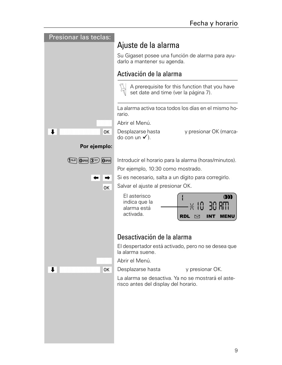 Ajuste de la alarma, Activación de la alarma, Desactivación de la alarma | Siemens Gigaset 4015 User Manual | Page 76 / 131