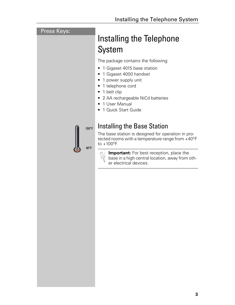 Installing the telephone system, Installing the base station | Siemens Gigaset 4015 User Manual | Page 9 / 131