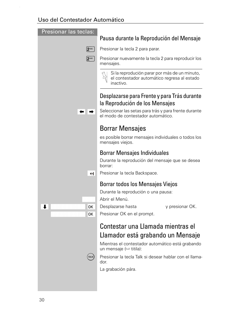 Borrar mensajes, Pausa durante la reprodución del mensaje, Borrar mensajes individuales | Borrar todos los mensajes viejos | Siemens Gigaset 4015 User Manual | Page 97 / 131