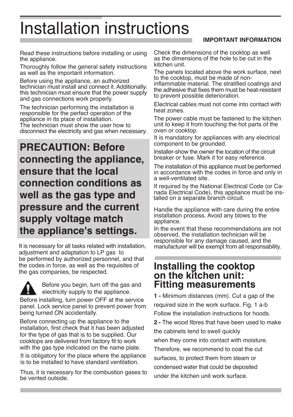 Installation instructions, On the kitchen unit: fitting measurements, Installing the cooktop | Siemens 5551 User Manual | Page 19 / 35