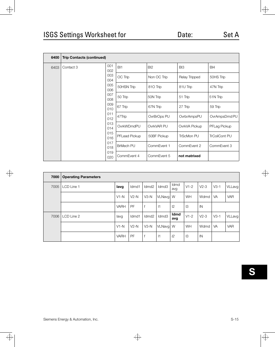 Isgs settings worksheet for date: set a | Siemens ISGS SG8158-00 User Manual | Page 101 / 121