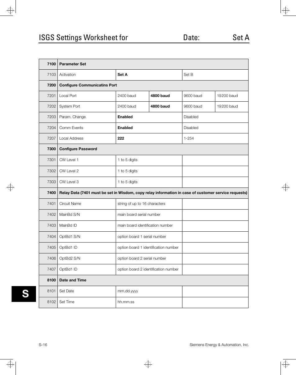 Isgs settings worksheet for date: set a | Siemens ISGS SG8158-00 User Manual | Page 102 / 121