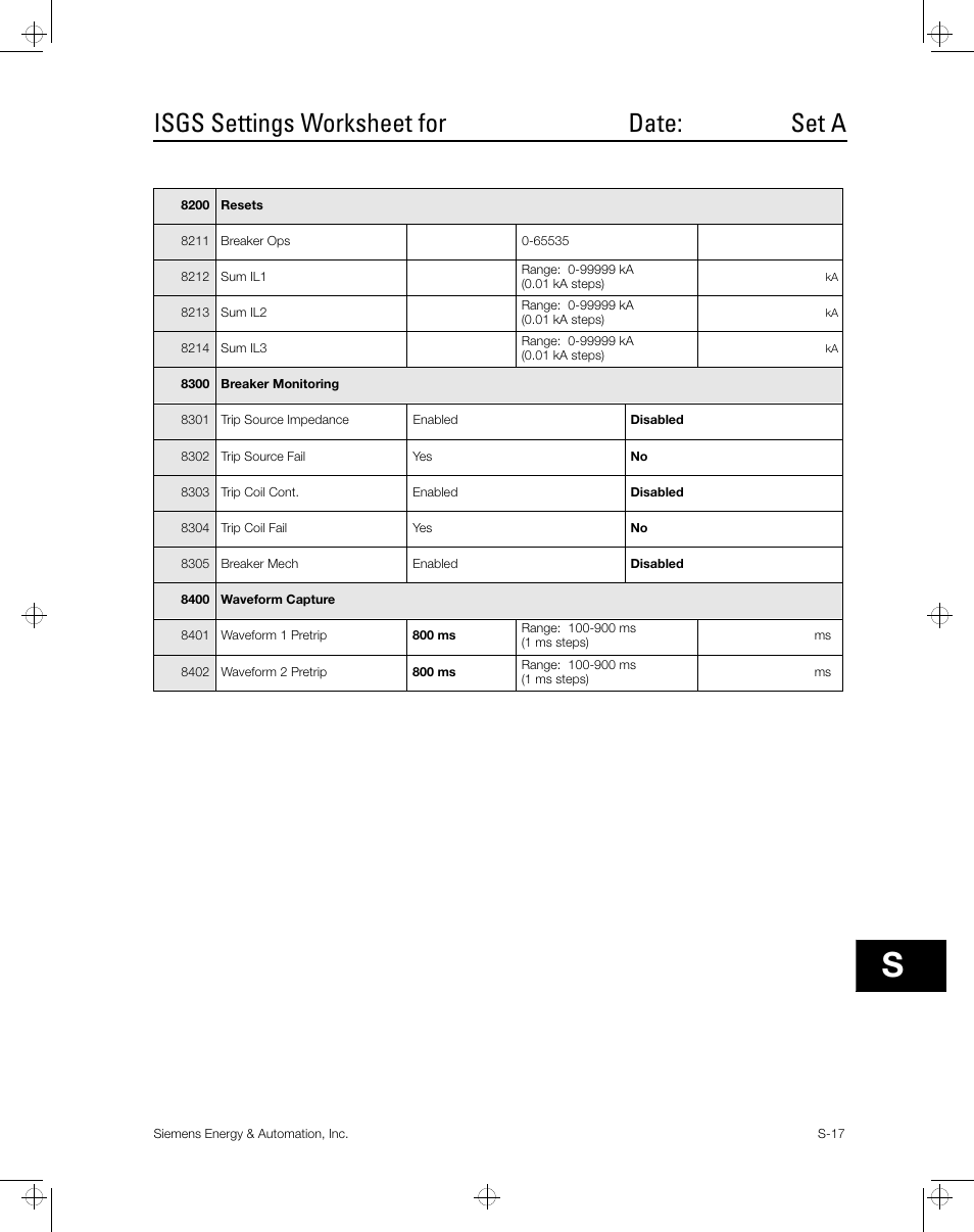 Isgs settings worksheet for date: set a | Siemens ISGS SG8158-00 User Manual | Page 103 / 121