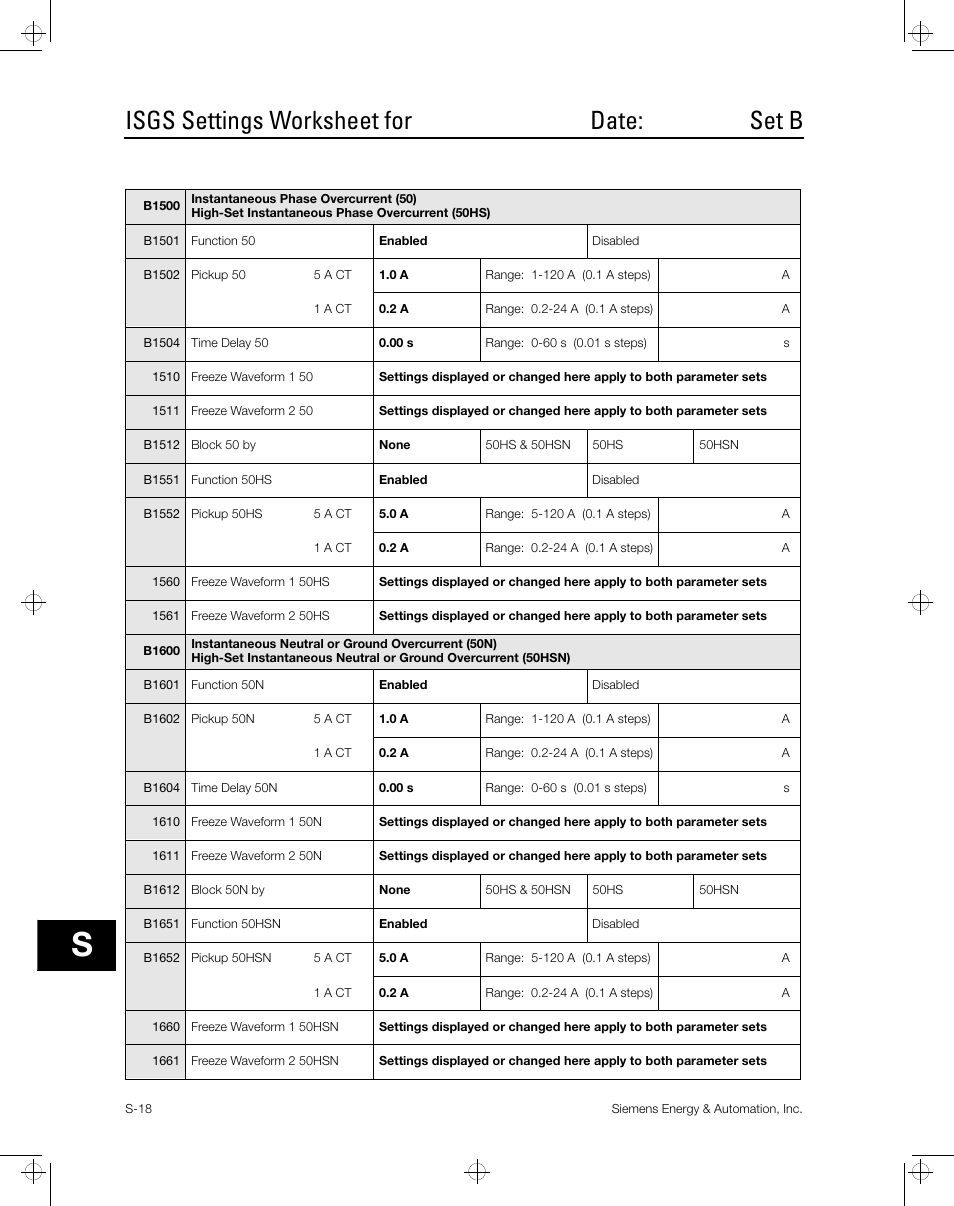 Isgs settings worksheet for date: set b | Siemens ISGS SG8158-00 User Manual | Page 104 / 121