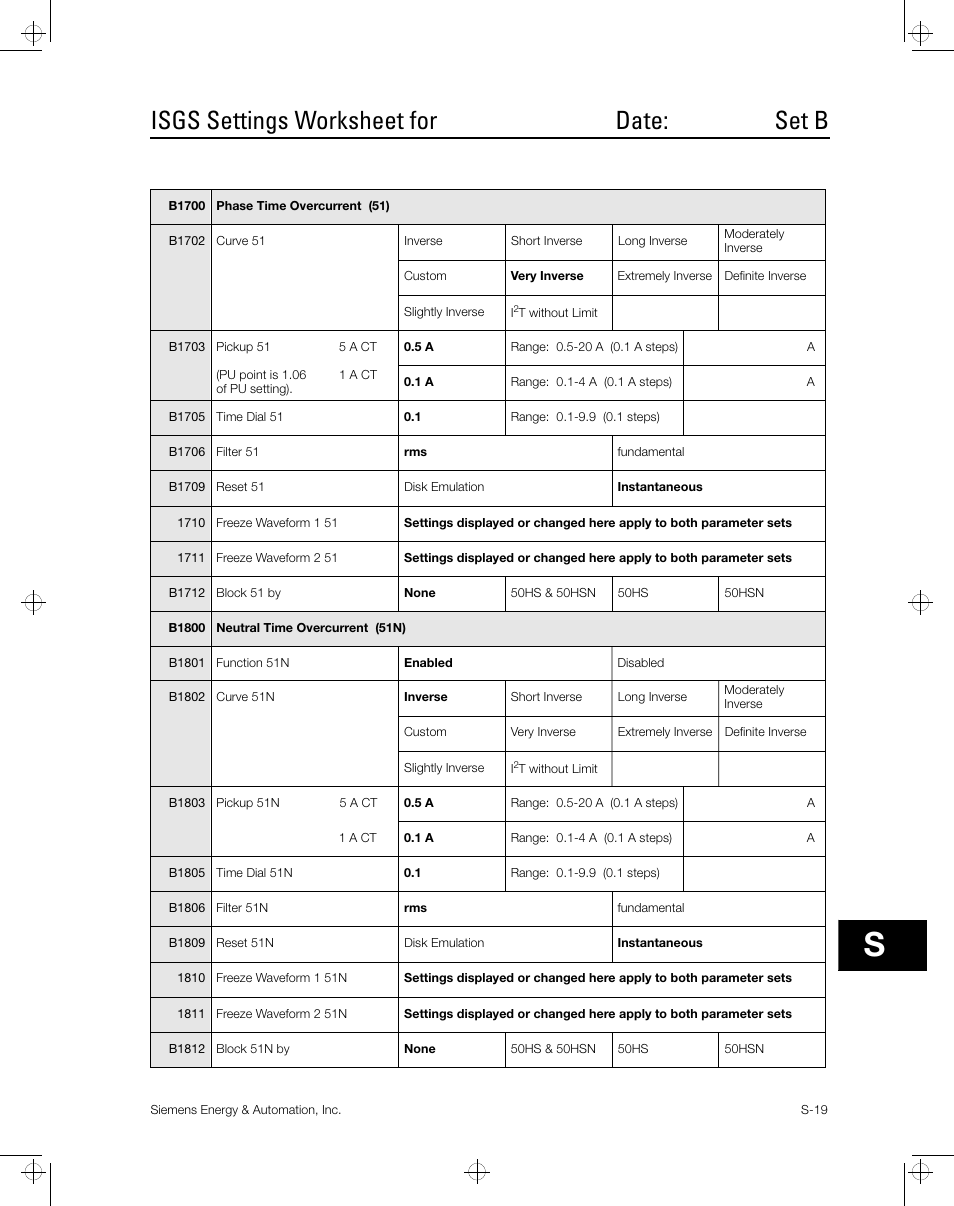 Isgs settings worksheet for date: set b | Siemens ISGS SG8158-00 User Manual | Page 105 / 121