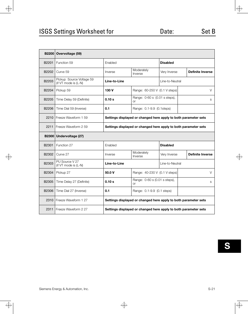 Isgs settings worksheet for date: set b | Siemens ISGS SG8158-00 User Manual | Page 107 / 121