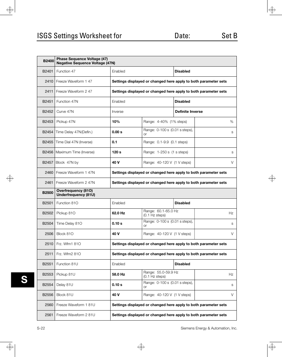 Isgs settings worksheet for date: set b | Siemens ISGS SG8158-00 User Manual | Page 108 / 121