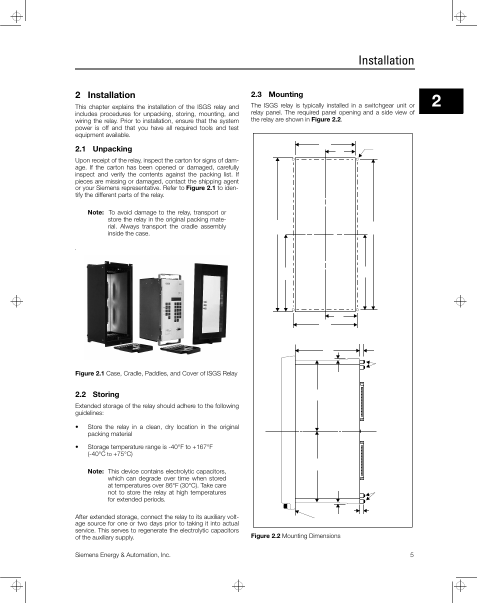 Installation, 2 installation, 1 unpacking | 2 storing, 3 mounting | Siemens ISGS SG8158-00 User Manual | Page 11 / 121