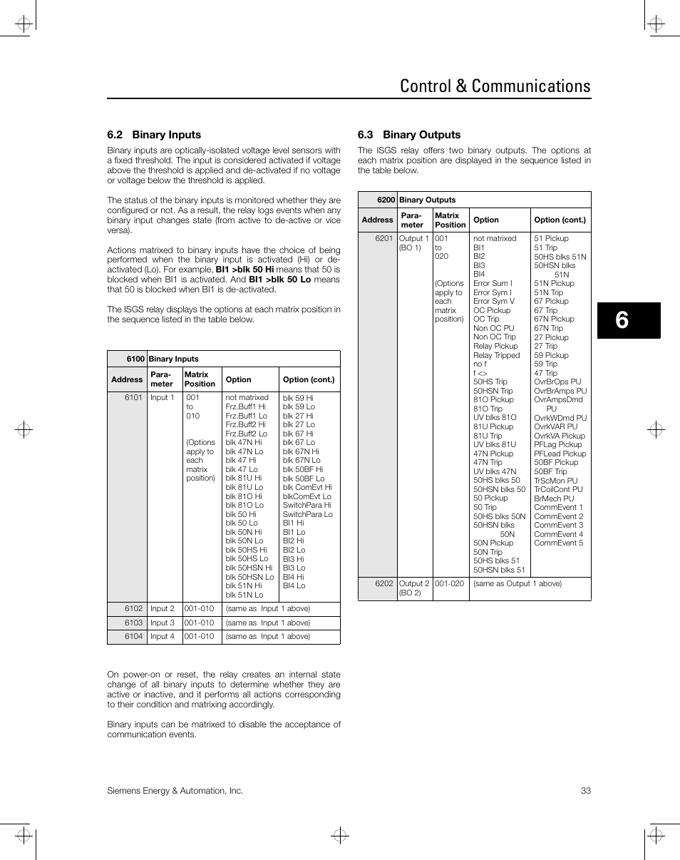 Control & communications, 2 binary inputs, 3 binary outputs | Siemens ISGS SG8158-00 User Manual | Page 39 / 121