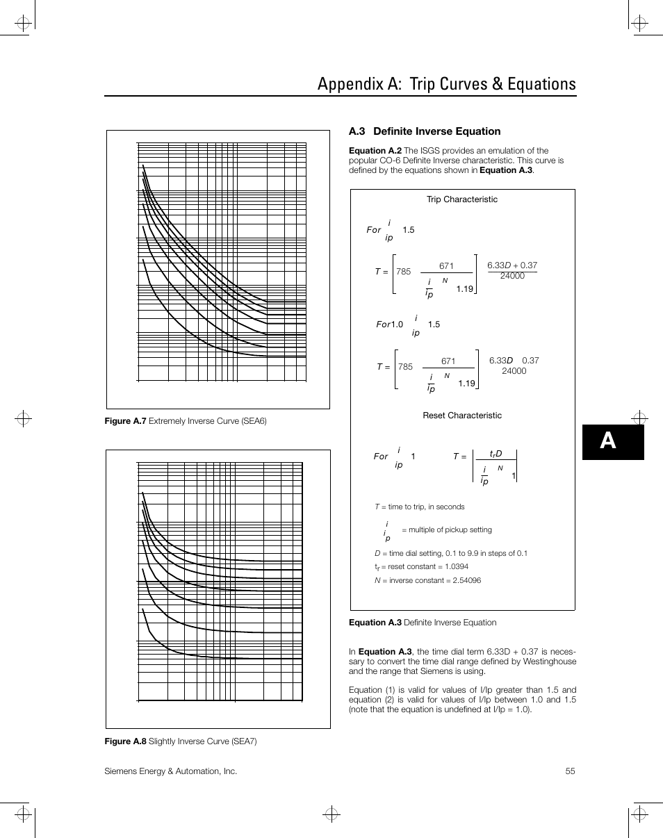 Appendix a: trip curves & equations, A.3 definite inverse equation | Siemens ISGS SG8158-00 User Manual | Page 61 / 121