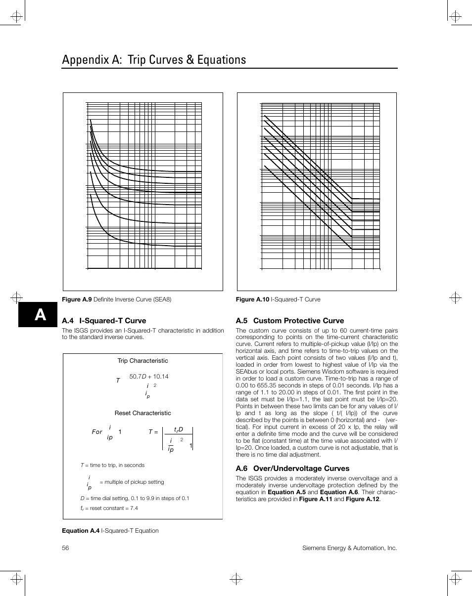 Appendix a: trip curves & equations, A.4 i-squared-t curve, A.5 custom protective curve | A.6 over/undervoltage curves | Siemens ISGS SG8158-00 User Manual | Page 62 / 121