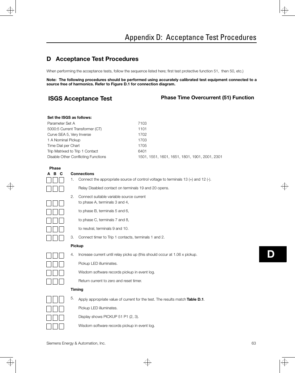 Appendix d: acceptance test procedures, D acceptance test procedures, Isgs acceptance test | Siemens ISGS SG8158-00 User Manual | Page 69 / 121