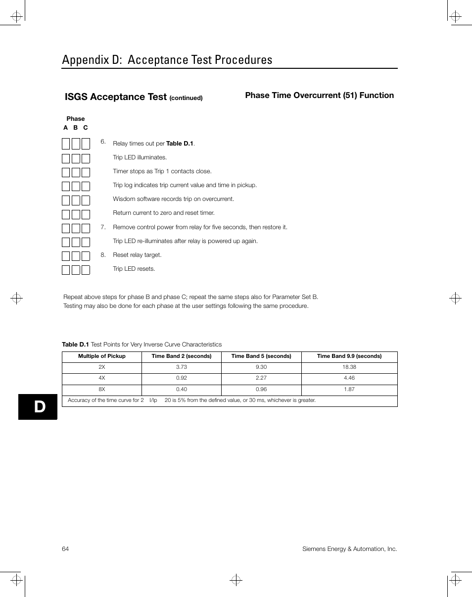 Appendix d: acceptance test procedures, Isgs acceptance test | Siemens ISGS SG8158-00 User Manual | Page 70 / 121