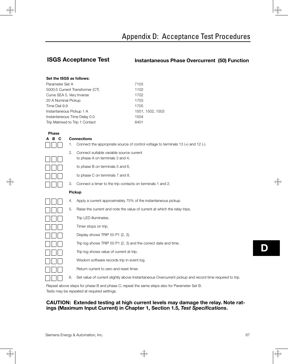 Appendix d: acceptance test procedures, Isgs acceptance test | Siemens ISGS SG8158-00 User Manual | Page 73 / 121