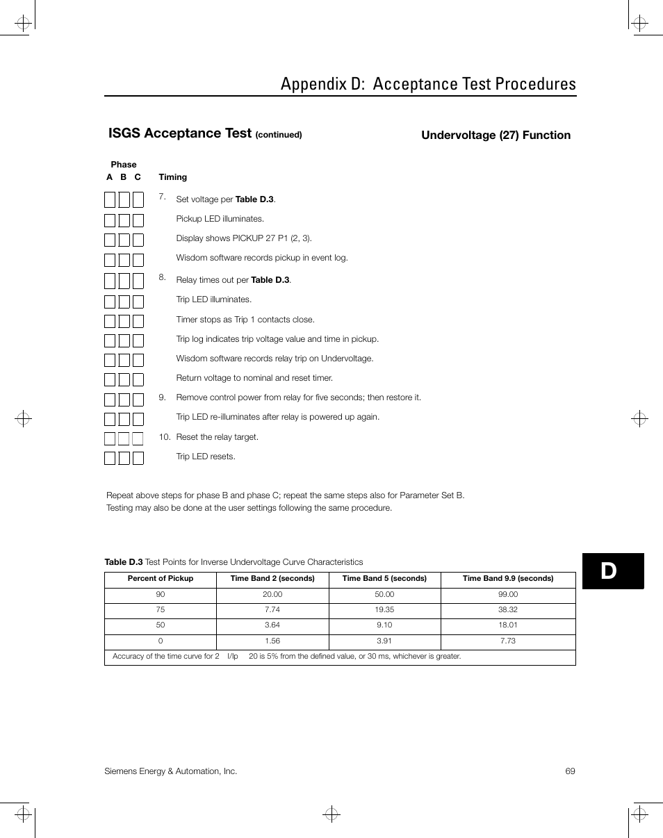 Appendix d: acceptance test procedures, Isgs acceptance test, Undervoltage (27) function | Siemens ISGS SG8158-00 User Manual | Page 75 / 121