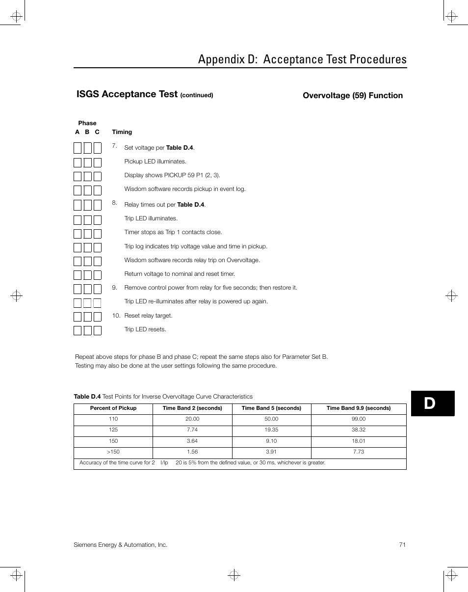 Appendix d: acceptance test procedures, Isgs acceptance test, Overvoltage (59) function | Siemens ISGS SG8158-00 User Manual | Page 77 / 121