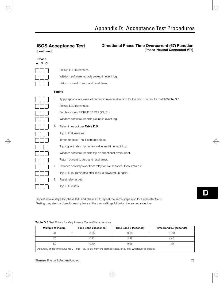 Appendix d: acceptance test procedures, Isgs acceptance test, Directional phase time overcurrent (67) function | Siemens ISGS SG8158-00 User Manual | Page 79 / 121