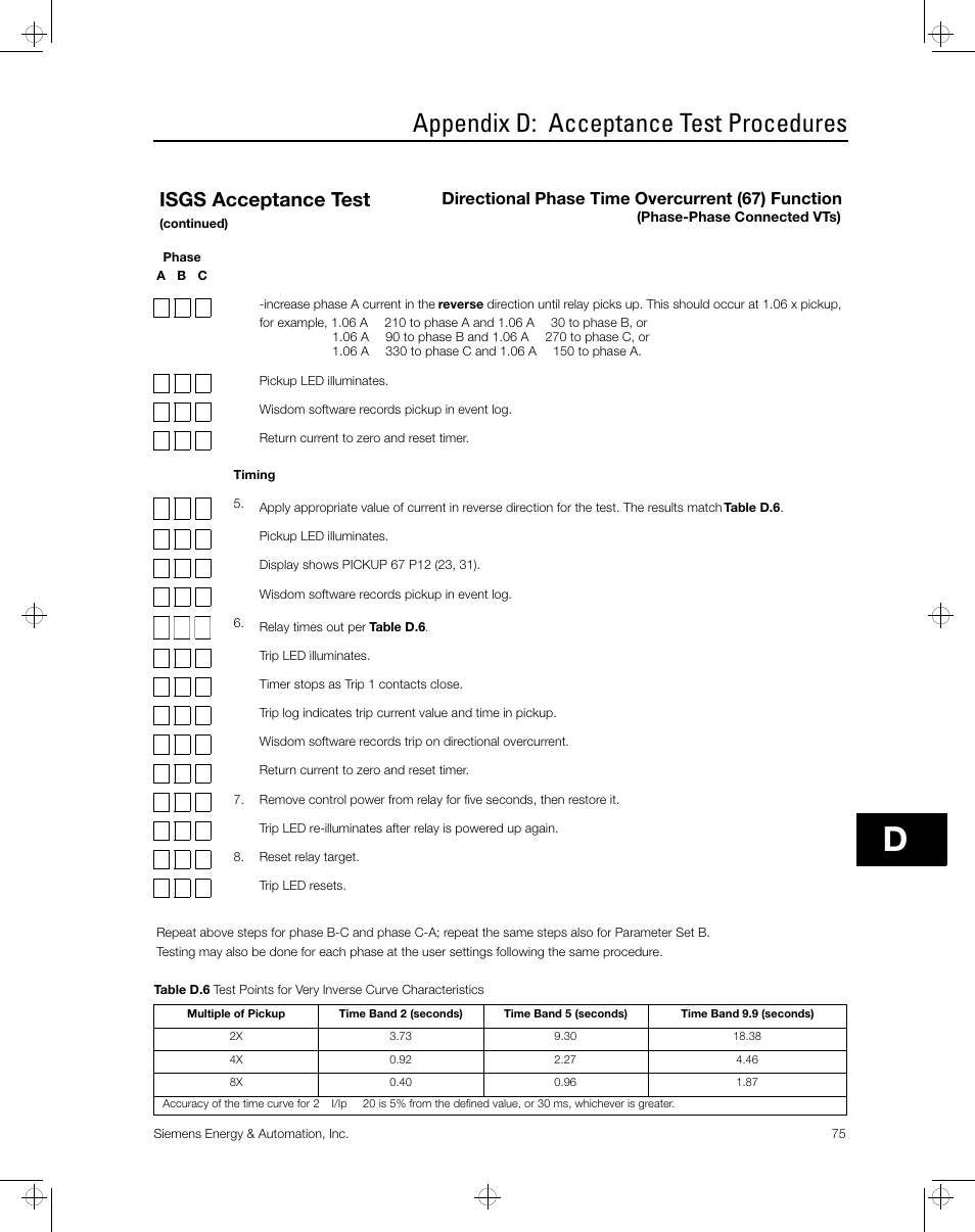 Appendix d: acceptance test procedures, Isgs acceptance test, Directional phase time overcurrent (67) function | Siemens ISGS SG8158-00 User Manual | Page 81 / 121