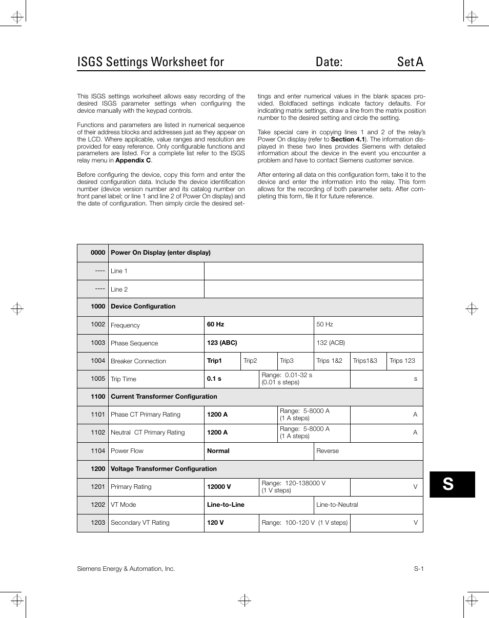 Isgs settings worksheet for date: set a | Siemens ISGS SG8158-00 User Manual | Page 87 / 121