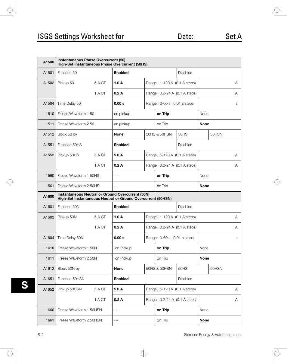 Isgs settings worksheet for date: set a | Siemens ISGS SG8158-00 User Manual | Page 88 / 121