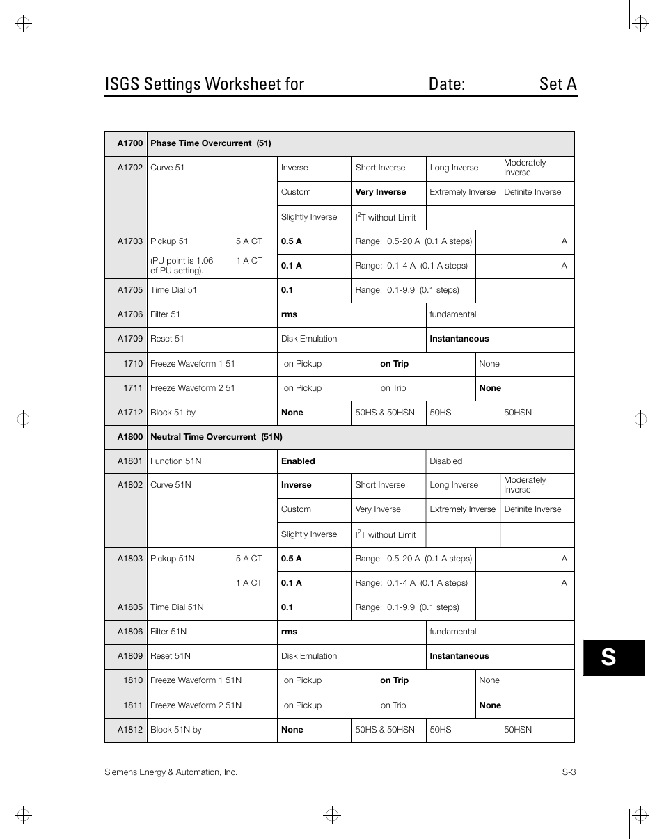 Isgs settings worksheet for date: set a | Siemens ISGS SG8158-00 User Manual | Page 89 / 121