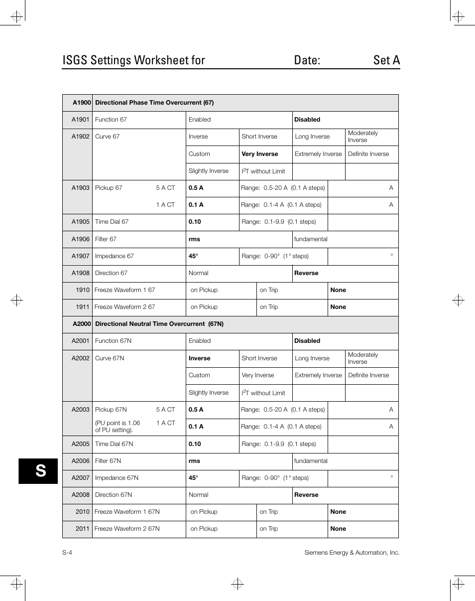 Isgs settings worksheet for date: set a | Siemens ISGS SG8158-00 User Manual | Page 90 / 121