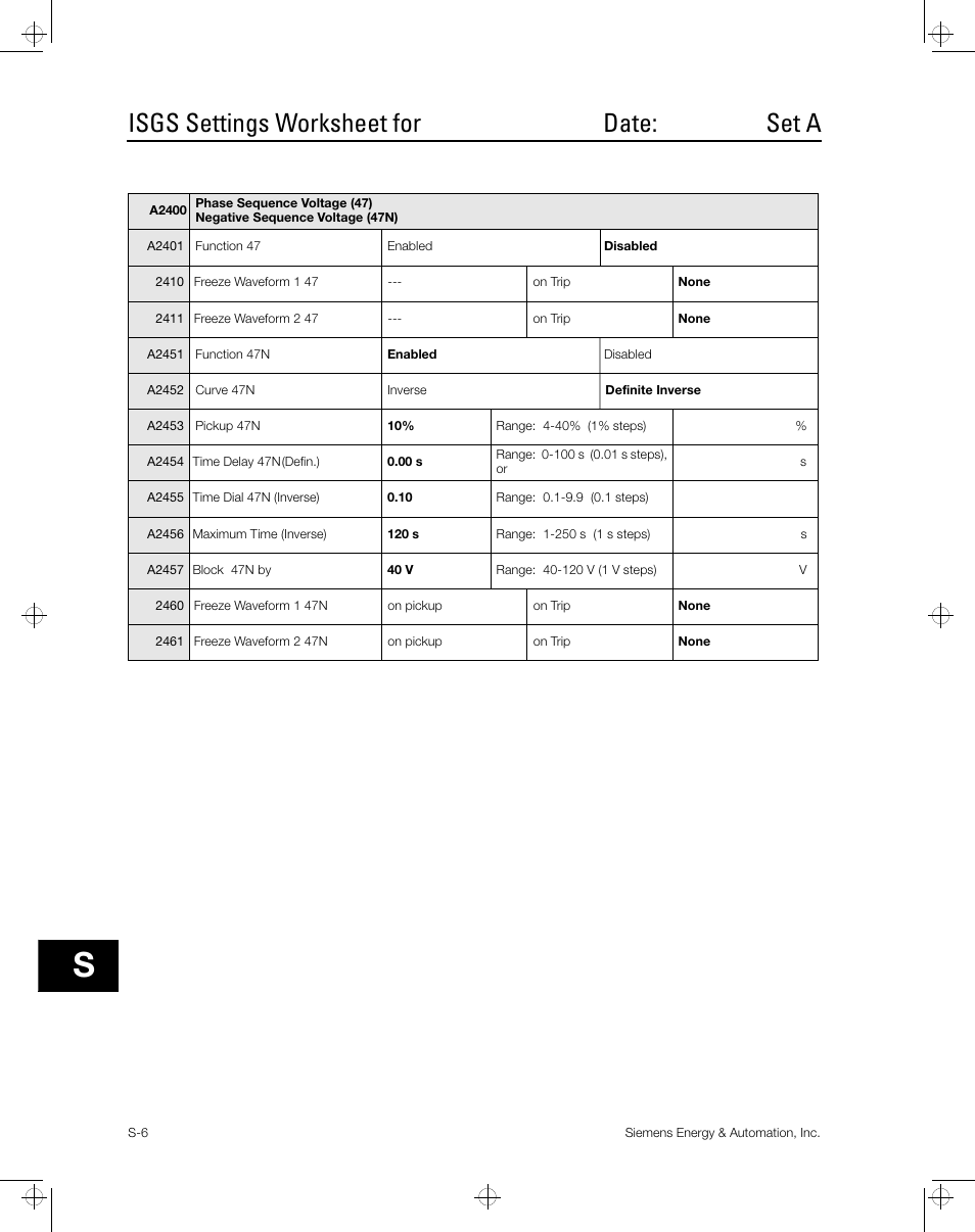 Isgs settings worksheet for date: set a | Siemens ISGS SG8158-00 User Manual | Page 92 / 121