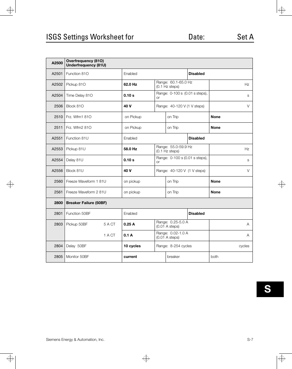 Isgs settings worksheet for date: set a | Siemens ISGS SG8158-00 User Manual | Page 93 / 121