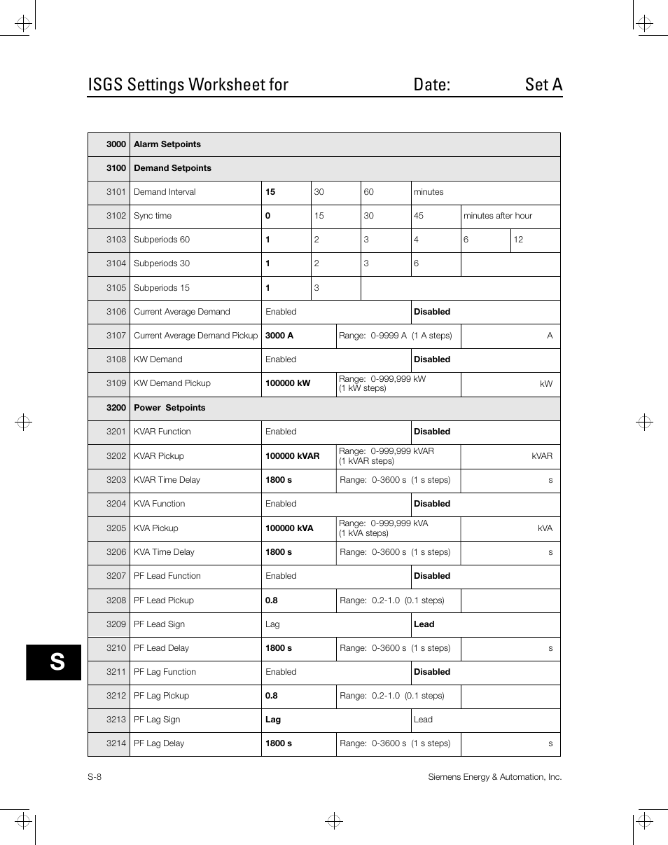 Isgs settings worksheet for date: set a | Siemens ISGS SG8158-00 User Manual | Page 94 / 121