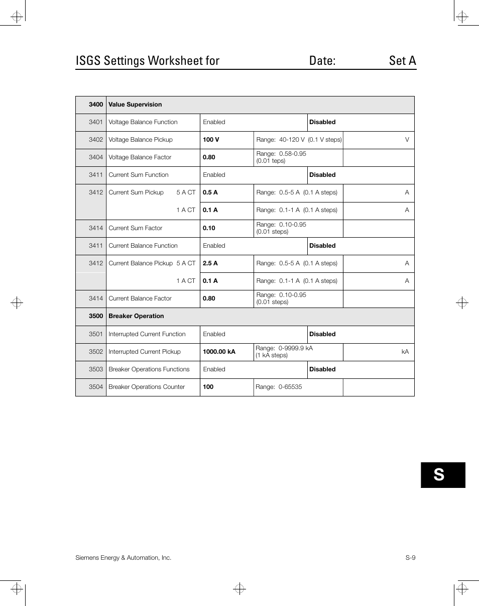 Isgs settings worksheet for date: set a | Siemens ISGS SG8158-00 User Manual | Page 95 / 121