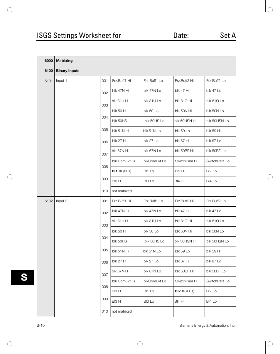 Isgs settings worksheet for date: set a | Siemens ISGS SG8158-00 User Manual | Page 96 / 121