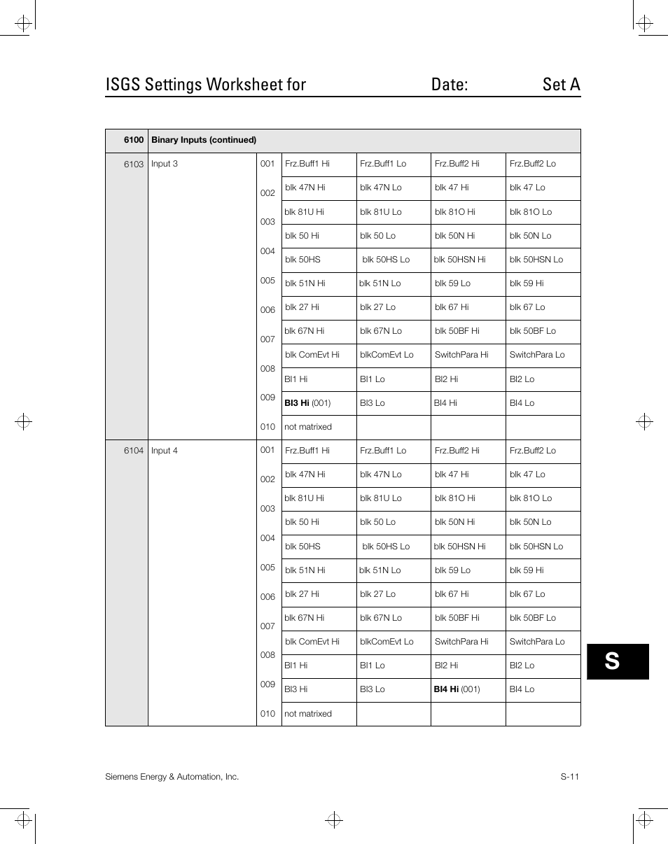 Isgs settings worksheet for date: set a | Siemens ISGS SG8158-00 User Manual | Page 97 / 121