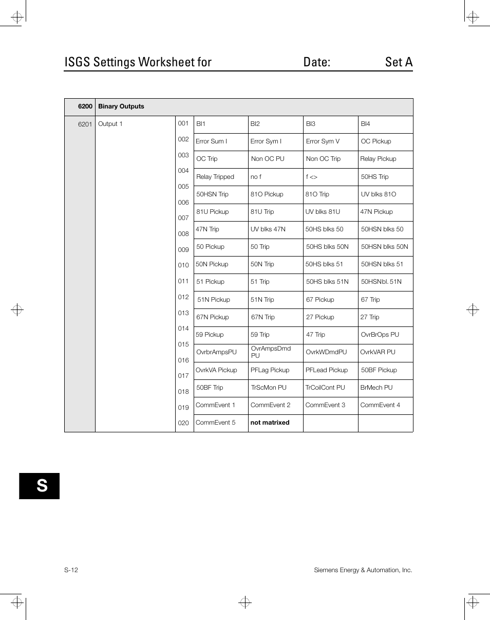 Isgs settings worksheet for date: set a | Siemens ISGS SG8158-00 User Manual | Page 98 / 121