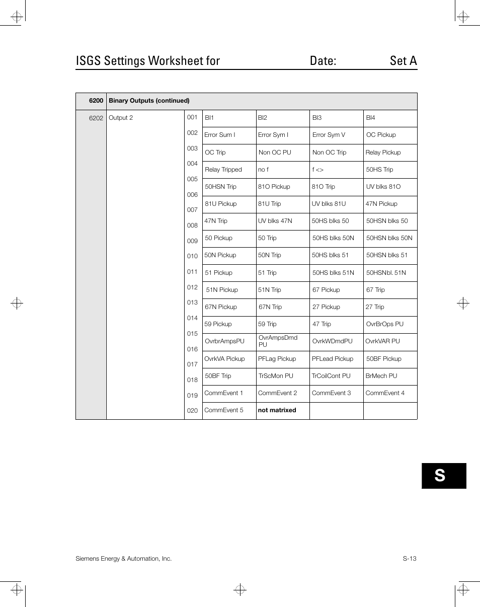 Isgs settings worksheet for date: set a | Siemens ISGS SG8158-00 User Manual | Page 99 / 121