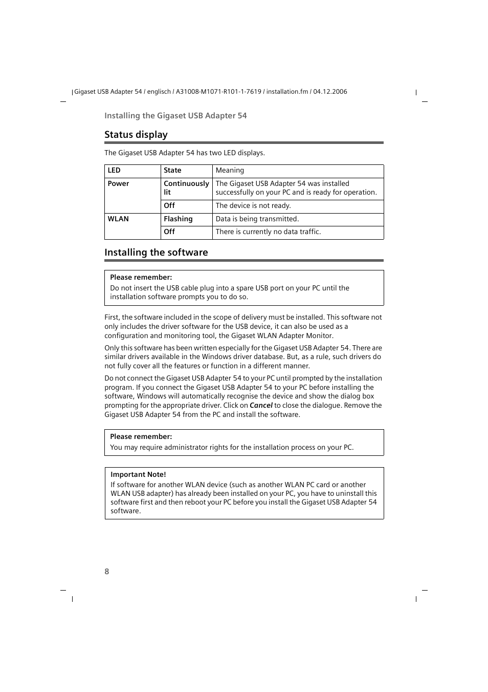 Status display, Installing the software, Status display installing the software | Siemens 54 User Manual | Page 10 / 56