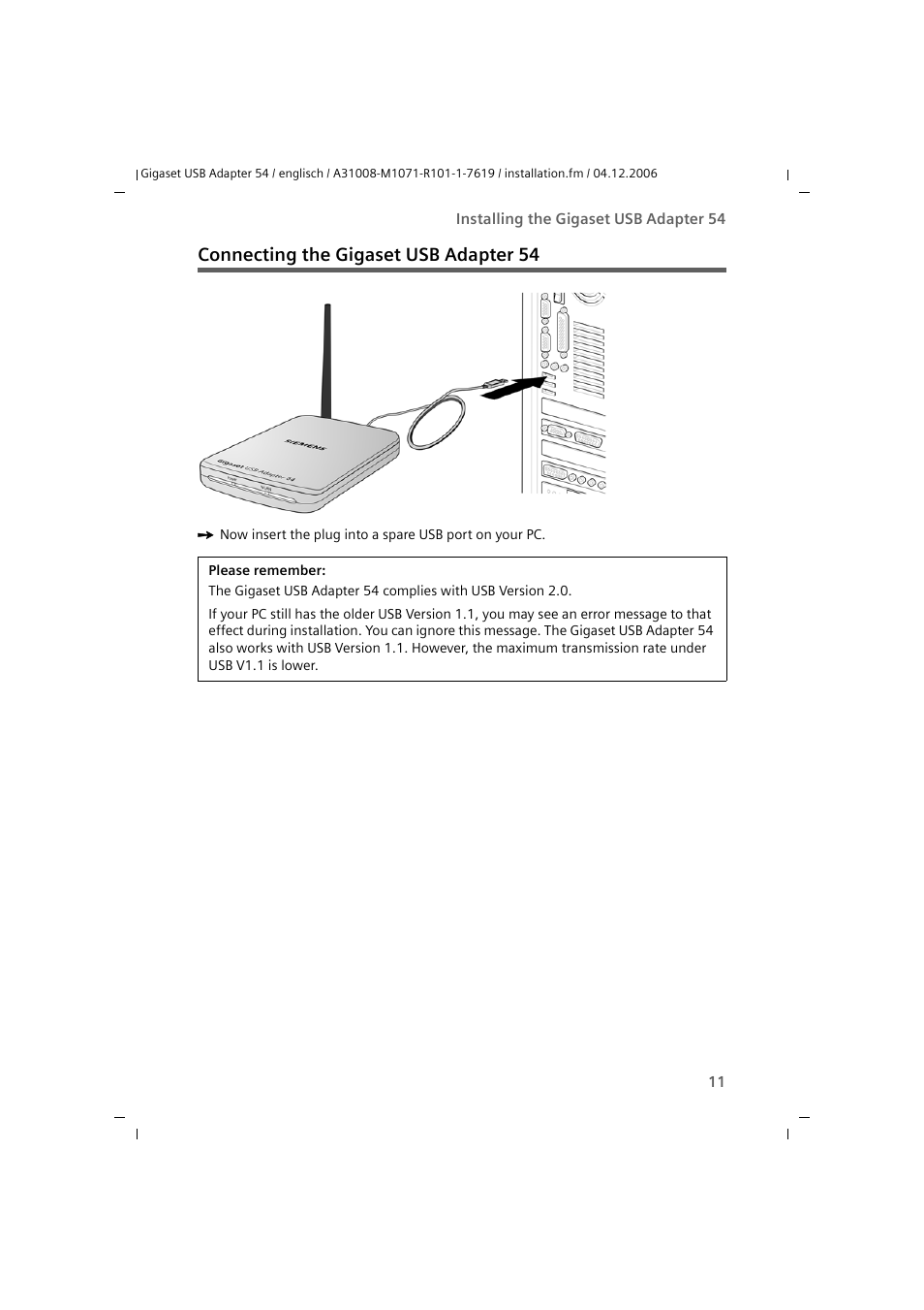 Connecting the gigaset usb adapter 54 | Siemens 54 User Manual | Page 13 / 56