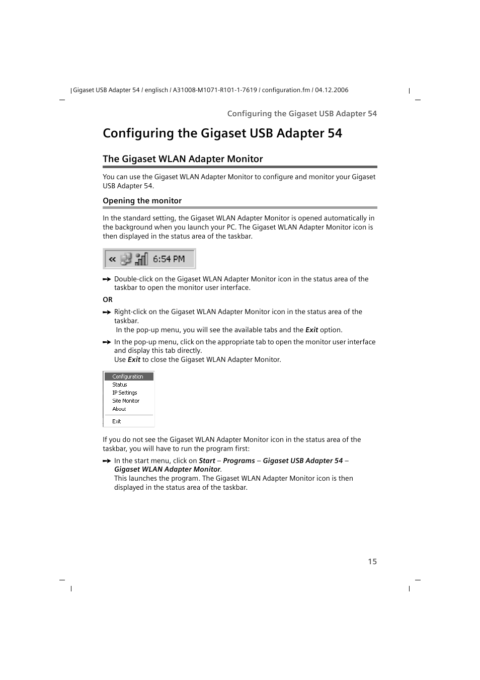 Configuring the gigaset usb adapter 54, The gigaset wlan adapter monitor, Opening the monitor | Siemens 54 User Manual | Page 17 / 56